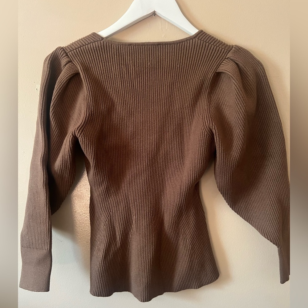 Zara brown square neck knit sweater top size medium fitted bohemian puff sleeve - Picture 7 of 14